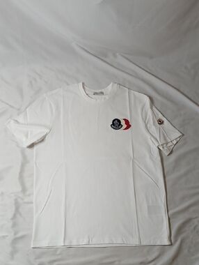Moncler White Crewneck T-Shirt with Tricolor Logo Patch